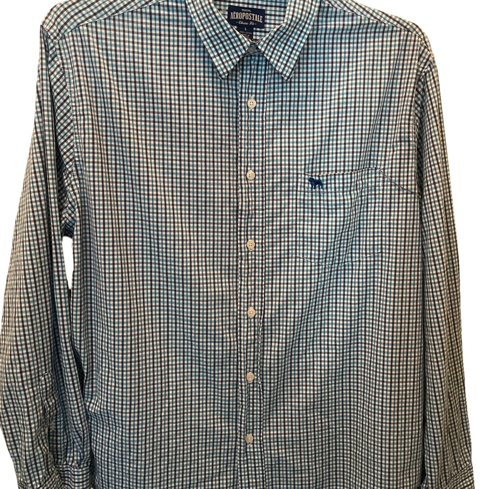 Aeropostale Mens Classic Fit Blue White Gingham Check Button Down Shirt Large L